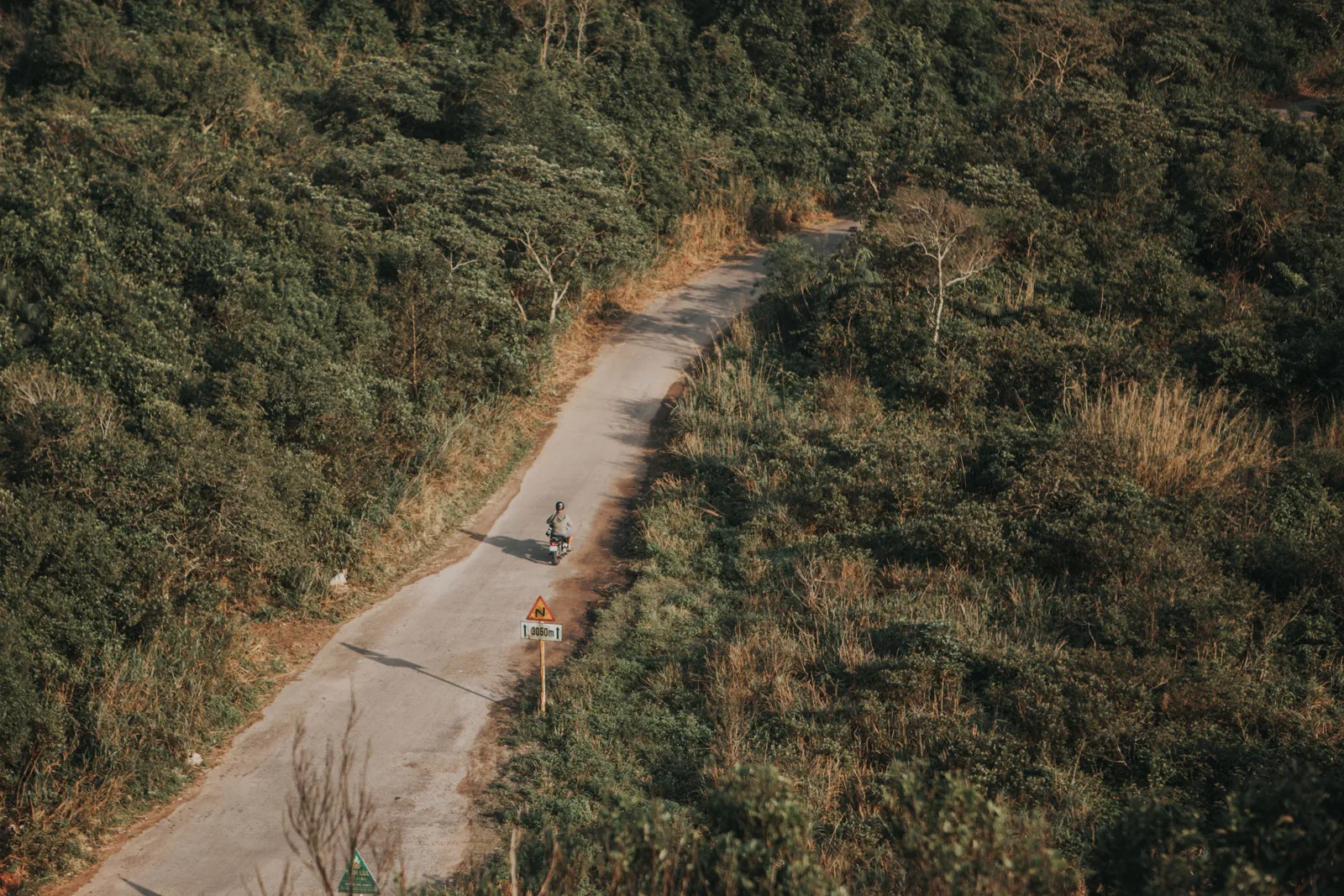 Une moto sur une route de montagne bordée de verdure.